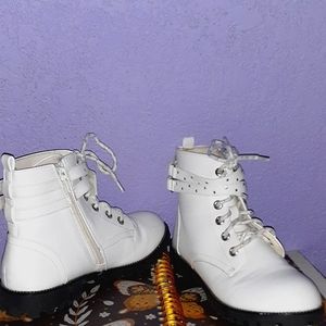 Self Esteem Girl's Emme White Combat Moto Hi-Top Boots Lace Up Inside Zip Bling